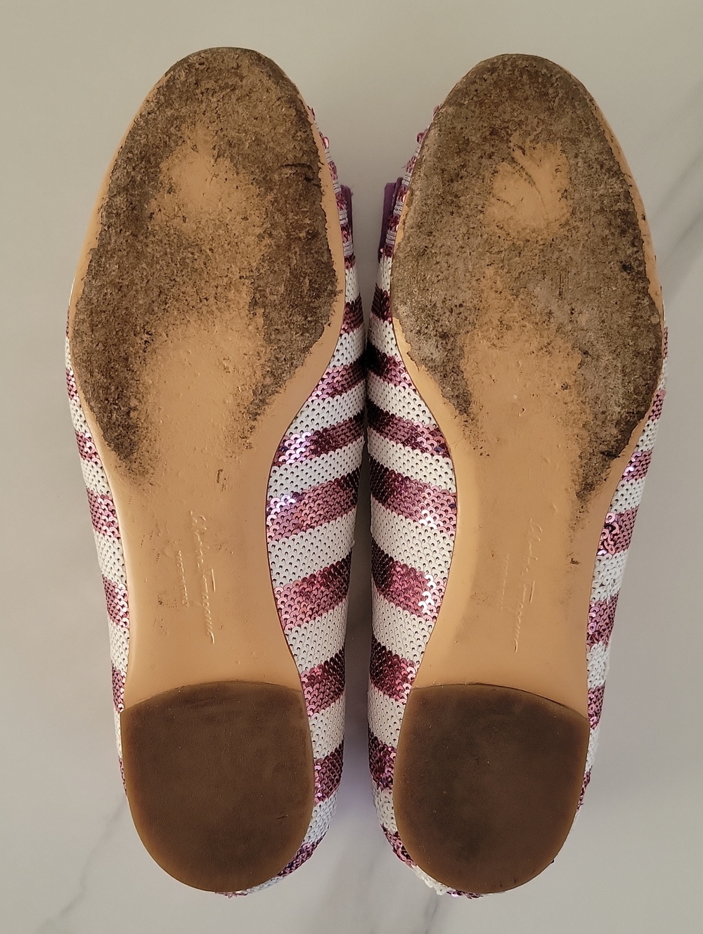 Salvatore Ferragamo Pink & White Sequined Bow Ballet Flats - Picture 13 of 16